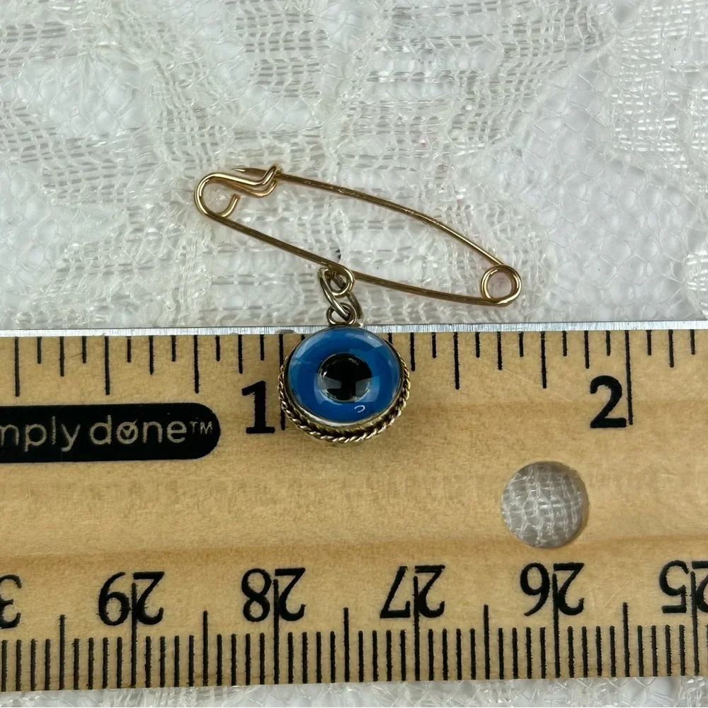 NEW - Vintage 14KT Solid Gold Evil Watchful Eye Safety Pin Pendant Charm Lucky